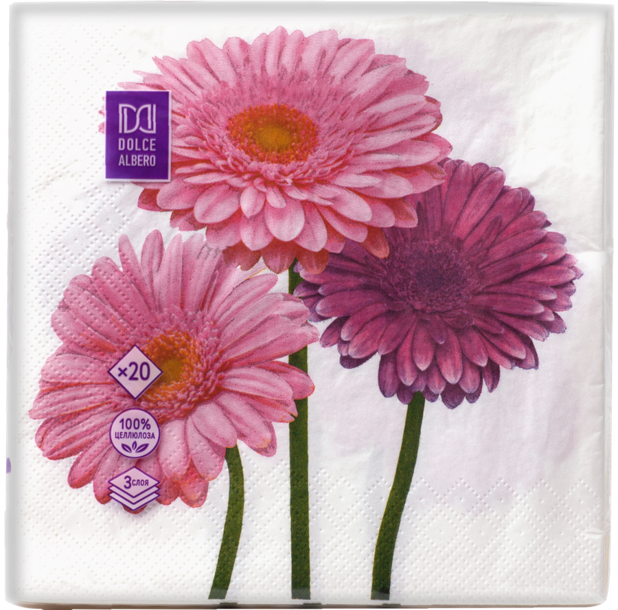

Салфетки бумажные DOLCE ALBERO Герберы 3-слоя, 33х33см, 20шт