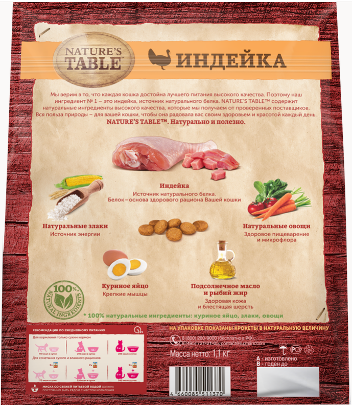 

Сухой корм Nature’s Table™ для взрослых кошек, Индейка, 1.1кг