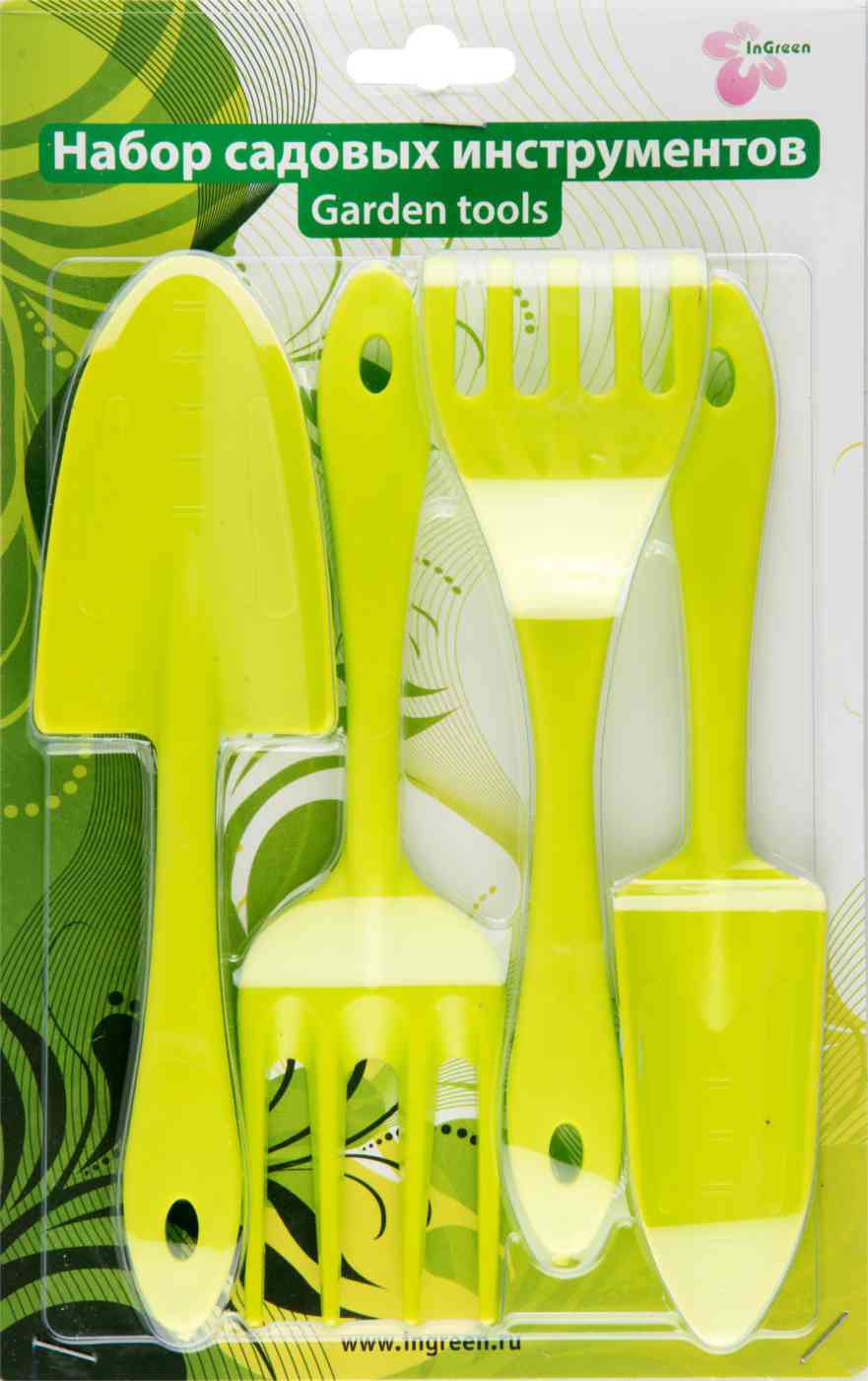 

Набор садовых инструментов InGreen лопатка, совок для пересадки, грабельки и вилка для рыхления, салатовый, 4 предмета
