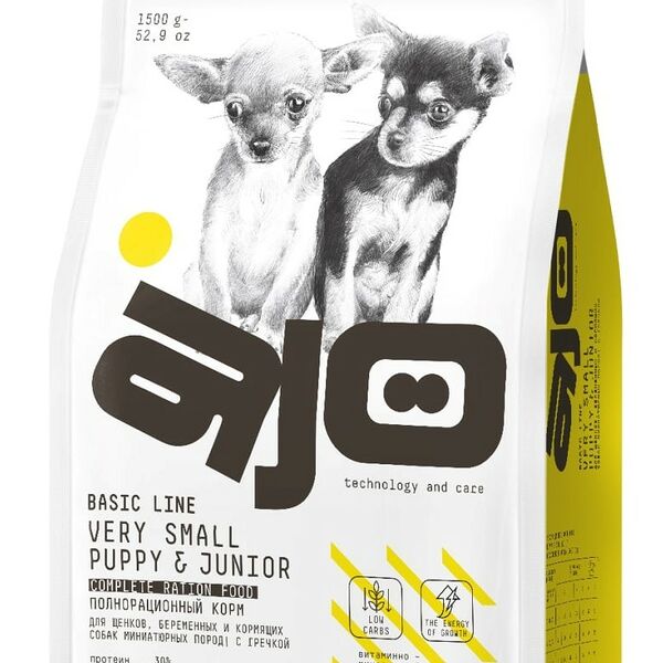 AJO Very Small Puppy & Junior полнорационный корм для щенков миниатюрных пород Индейка, 1,5 кг.