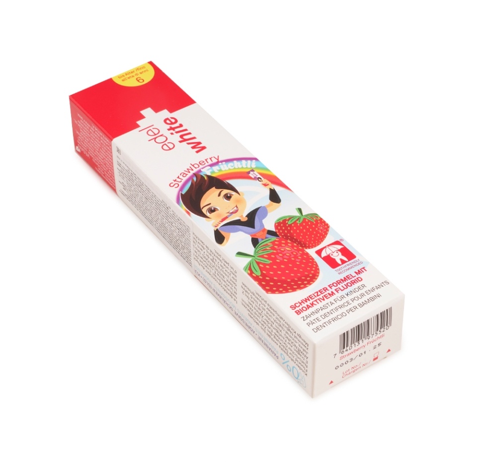 

Детская зубная паста edel+ white со вкусом клубники Для детей с первого зубика до 6 лет 50 мл, Швейцария