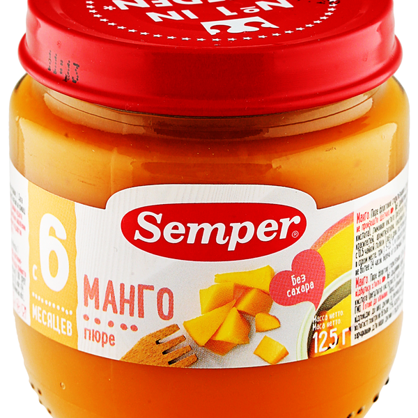 Пюре фруктовое SEMPER Манго, с витаминами, с 6 месяцев