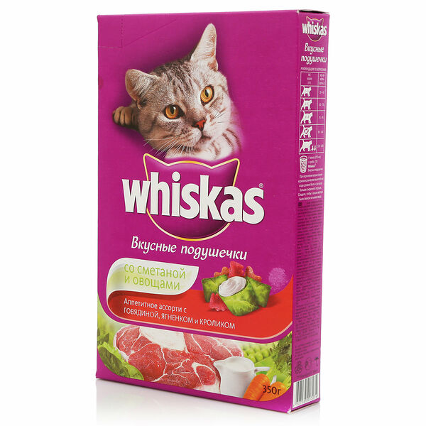 Подушечки со сметаной и овощами, ассорти с говядиной, ягненком и кроликом. Корм сухой для взрослых кошек ТМ Whiskas® (Вискас)