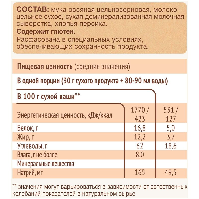 

Каша овсяная молочная Nutrilak Premium Pro Cereals с персиком с 5 месяцев, 200 г