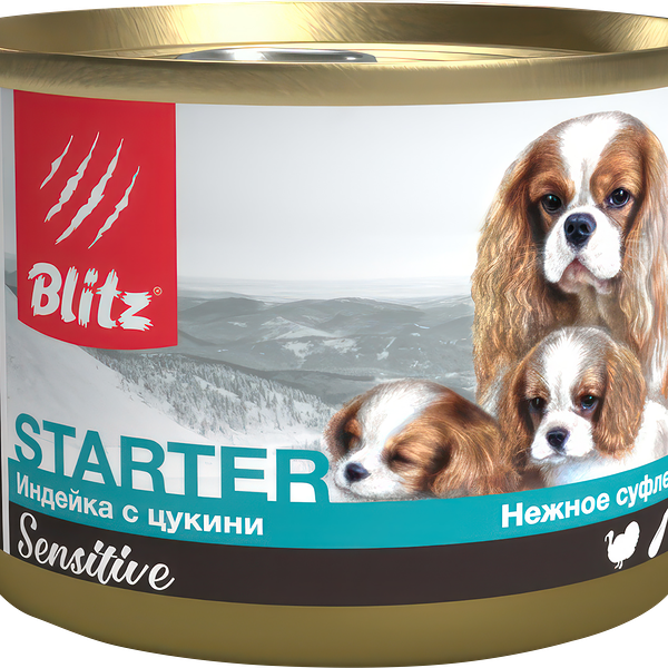 Корм консервированный для щенков, беременных и кормящих собак BLITZ Sensitive Суфле Индейка с цукини, 200г