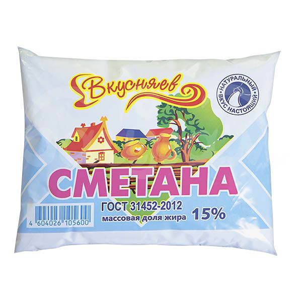 Сметана Вкусняев 15% 250гр ГОСТ пакет