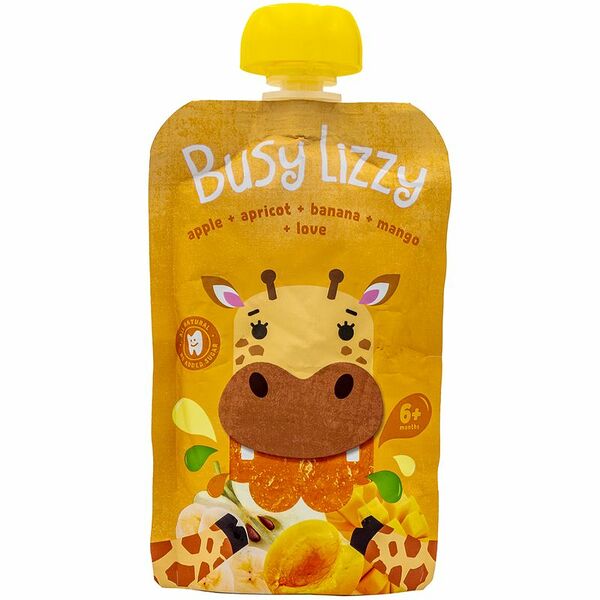 Пюре Busy Lizzy яблоко-абрикос-банан-манго с 6 месяцев, 100г