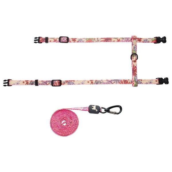 Шлейка для кошек Zoo One Цветы розовая, 10мм  20х30/25х40 см с поводком 120см