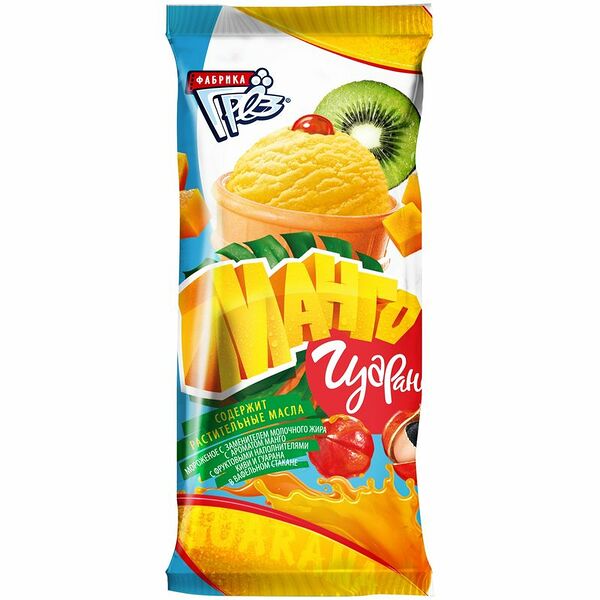 Мороженое Фабрика Грёз с ароматом манго с фруктовыми наполнителями киви и гуарана стаканчик 12%, 70г