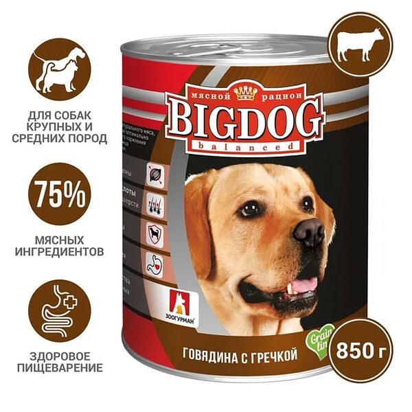 Влажный корм для собак Зоогурман Big Dog balanced Говядина с гречкой 850г