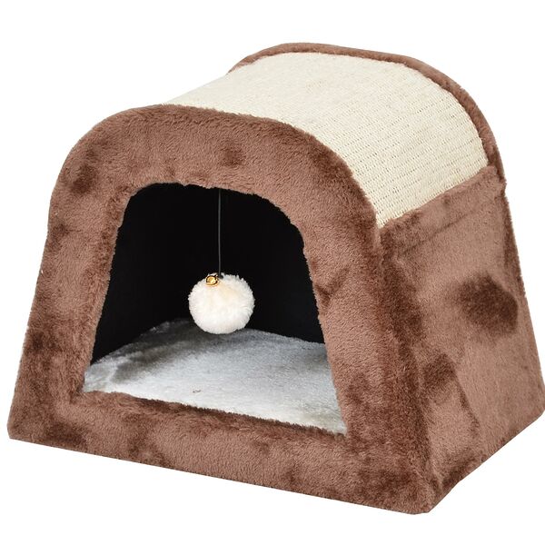 Дом-когтеточка для кошек с игрушкой 38х28х30 см коричневая