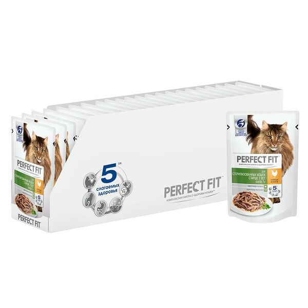 Корм для кошек PERFECT FIT для стерилизованных, курица в соусе пауч 75г (упаковка - 28 шт)