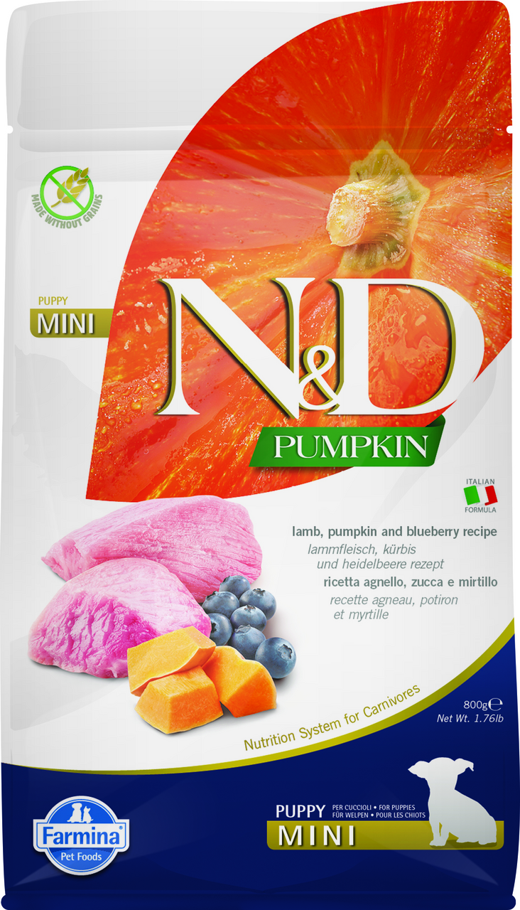 

Корм для щенков мелких пород сухой N&D Pumpkin Line с ягнёнком, черникой и тыквой Farmina 800 г