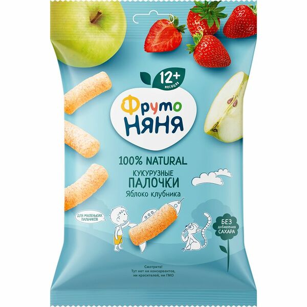 Палочки кукурузные ФрутоНяня яблоко-клубника с 12 месяцев, 20г