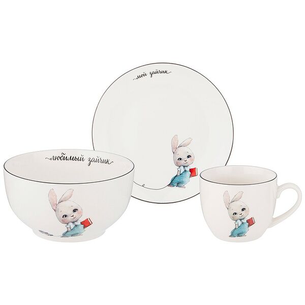 Набор посуды Мой Зайчик, 3 предмета (салатник, тарелка, кружка), фарфор