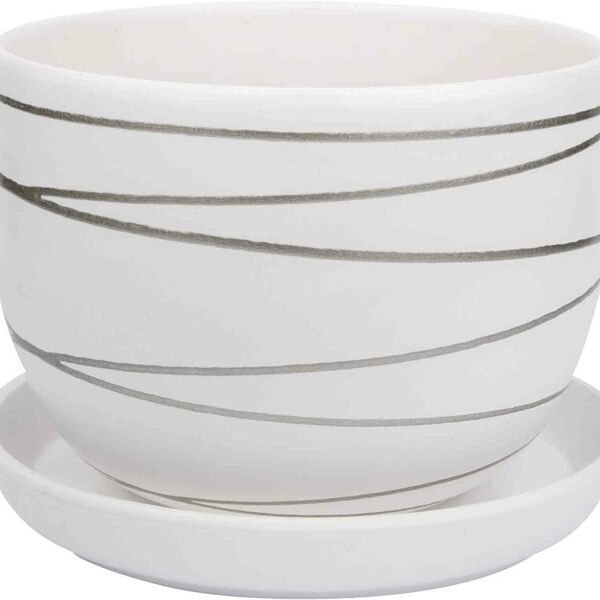 Горшок керамический с подставкой цвет: белый, серебристая полоска 1.05 л