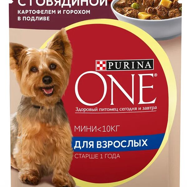 Влажный корм Purina ONE Мини Взрослая для собак мелких пород старше 1 года, с говядиной, картофелем и горохом в подливе