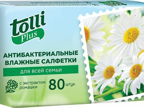 Салфетки влажные Tolli Plus антибактериальные с экстрактом ромашки, 80шт