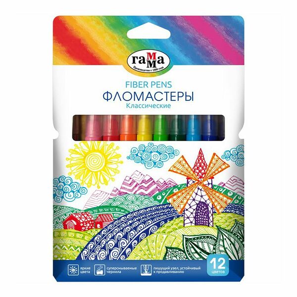 Фломастеры Гамма Fiber Pens Классические, 12 цветов, с 3 лет
