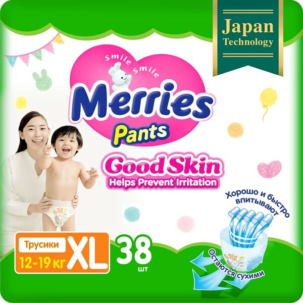 Подгузники-трусики Merries Good Skin XL 5 12-19кг 38шт