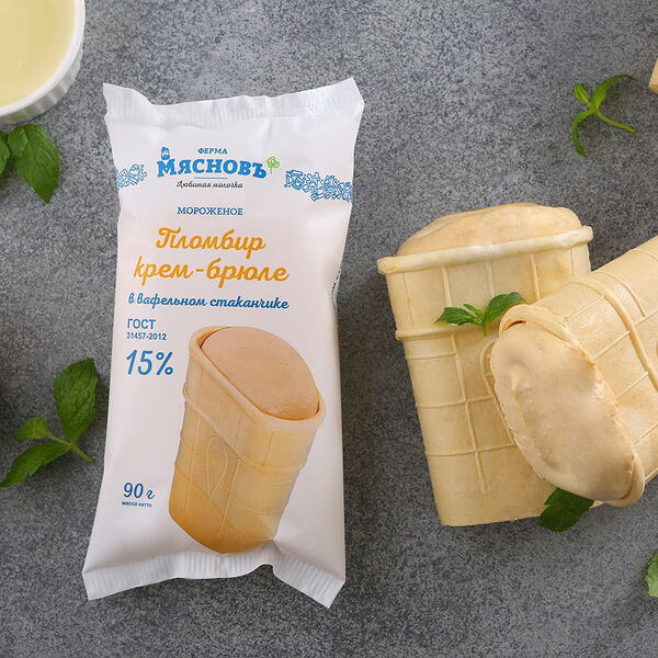 Мороженое пломбир МясновЪ Ферма крем-брюле Гост 15%, 1 шт, 90 г
