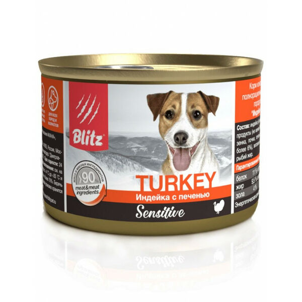 Консервы для собак Blitz Sensitive Dog Turkey & Liver (Pate) Индейка с печенью всех пород и возрастов