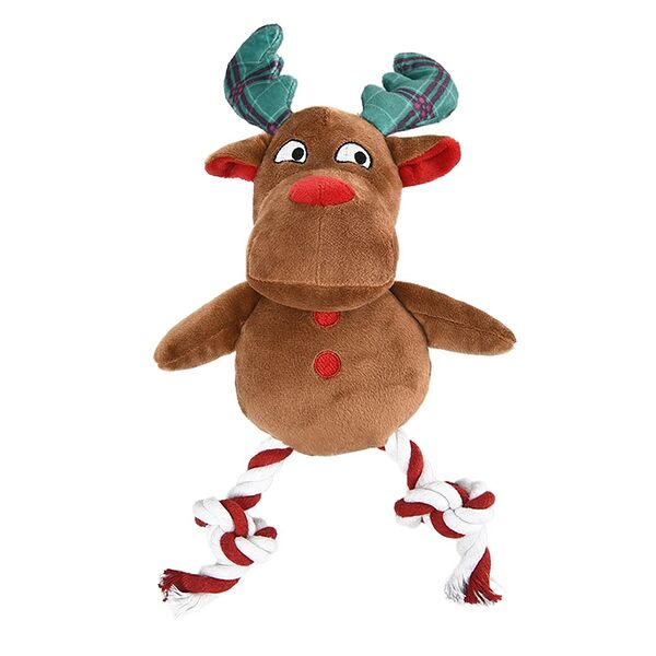 Игрушка для собак FOXIE Олень Рудольф с веревочными ногами и пищалкой 17х30см