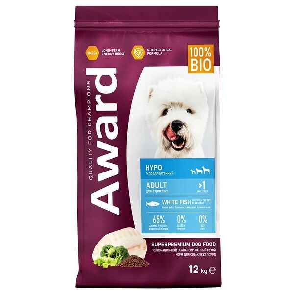 Сухой корм AWARD HYPO для взрослых собак всех пород, с белой рыбой, брокколи, сельдереем и семенами льна