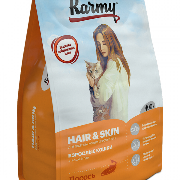 Сухой корм Karmy Hair&Skin для кошек, для здоровья кожи и шерсти Лосось