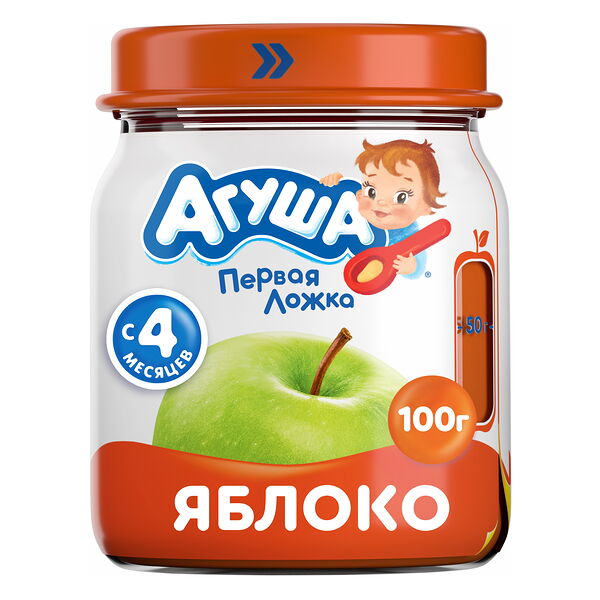 Детское фруктовое пюре Агуша Яблоко в стеклянной баночке, с 4 месяцев, 100г