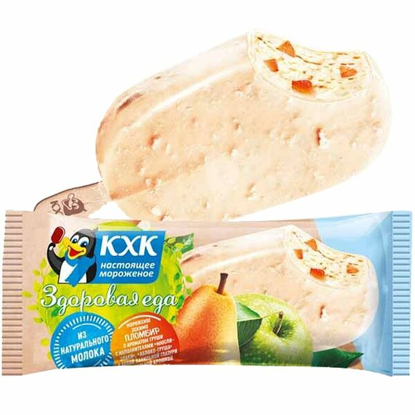 Мороженое Здоровая еда пломбир мюсли-злаки-яблоко-груша с вафельной крошкой в белой глазури, эскимо