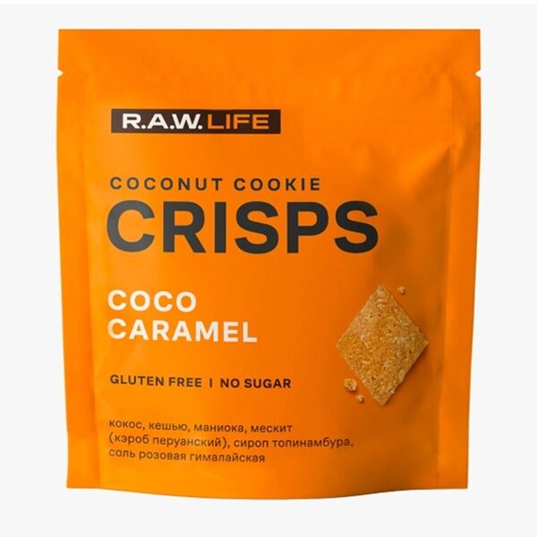 Печенье кокосовое R.A.W.Life Crisps Кокос-Карамель (без глютена, без сахара) 35г, Россия