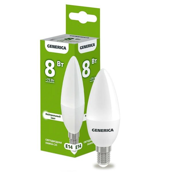 Лампа светодиодная IEK Generica, E14, 8 Вт, 4000К, 230 В, C35, свеча