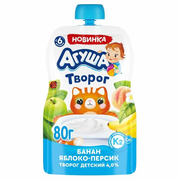 Творог фруктовый Агуша Банан-Яблоко-Персик 4%, 80гр
