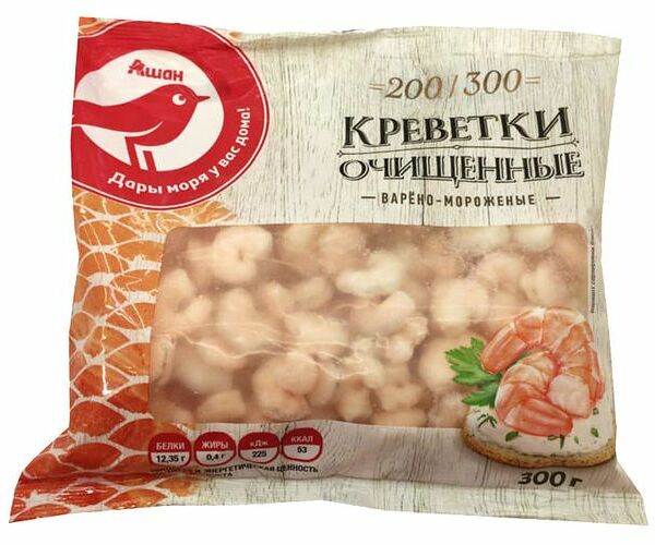Креветки варено-мороженые Ашан Красная Птица очищенные 200/300