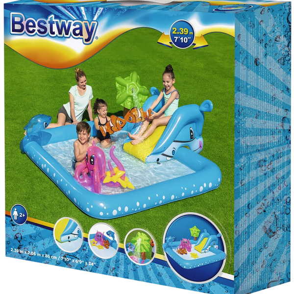 Бассейн BESTWAY Аквариум игровой надувной с разбрызгивателем, горкой и игрушками, 239х206х86 см