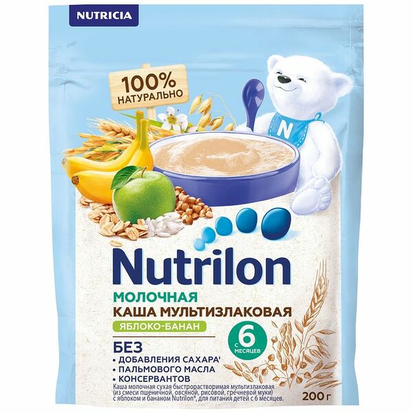 Каша мультизлаковая молочная Nutrilon Яблоко-Банан, с 6 месяцев, 200г