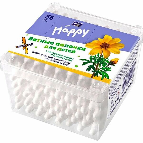 Ватные палочки Bella Baby Happy для детей с экстрактом череды и Д-пантенолом, с ограничителем, 56 шт.