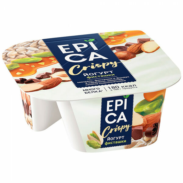 Йогурт Epica Crispy с фисташками 10,5% и смесь из семян подсолнечника, орехов и темного шоколада