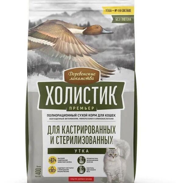Корм сухой Деревенские лакомства Холистик Премьер для стерилизованных кошек, утка, 400г