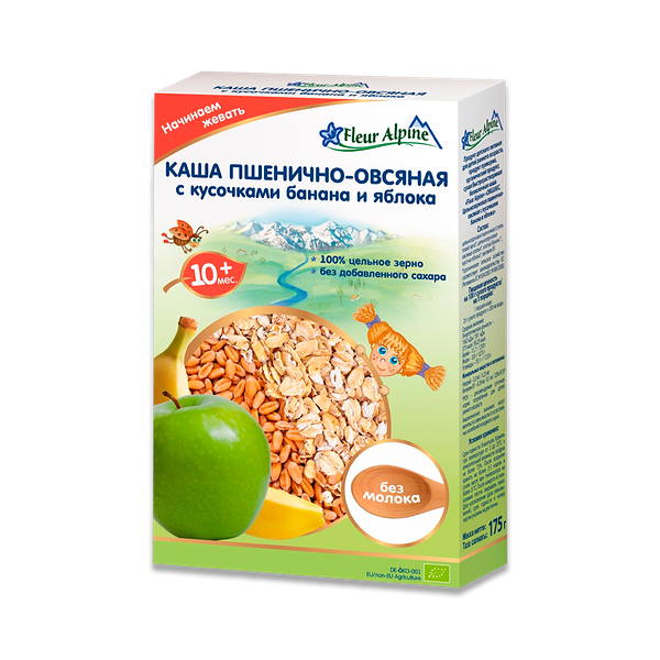 Каша Fleur Alpine Organic пшенично-овсяная с кусочками банана и яблока безмолочная для детей 175 г