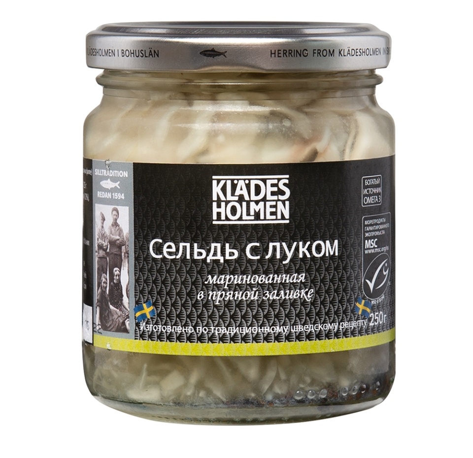 

Сельдь маринованная с луком в пряной заливке Kladesholmen Seafood 250 г, Швеция