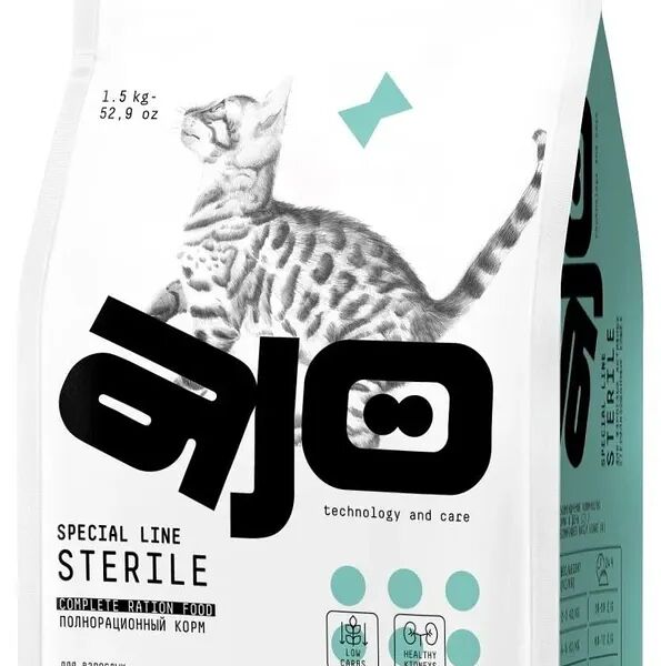 Корм сухой полнорационный Ajo Special Line с высоким содержанием белка с индейкой, курицей и уткой для активных стерилизованных кошек 1.5кг