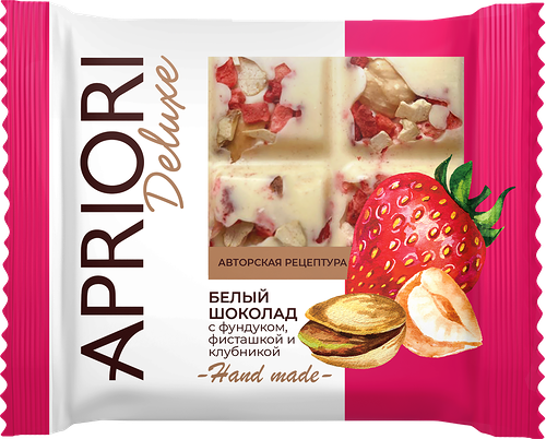 Шоколад белый АПРИОРИ с фундуком, фисташкой и клубникой, 50г