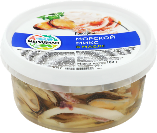 

Коктейль из морепродуктов Меридиан Морской микс в масле 180 г