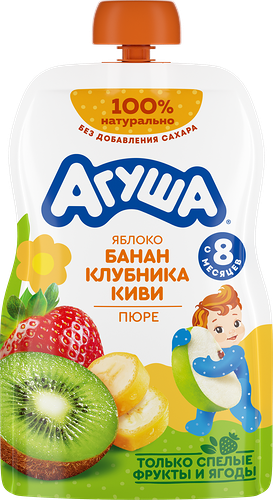 Пюре фруктово-ягодное детское Агуша Яблоко-банан-клубника-киви с 8 месяцев 90 г