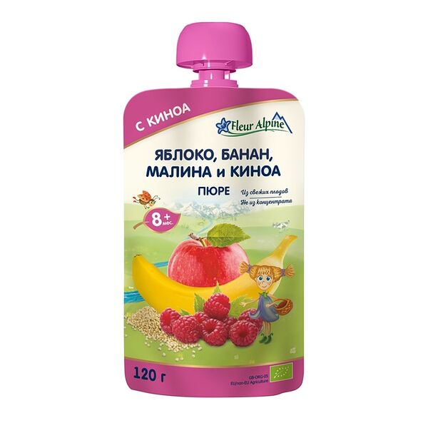 Пюре детское Fleur Alpine Яблоко, банан, малина и киноа с 8 месяцев