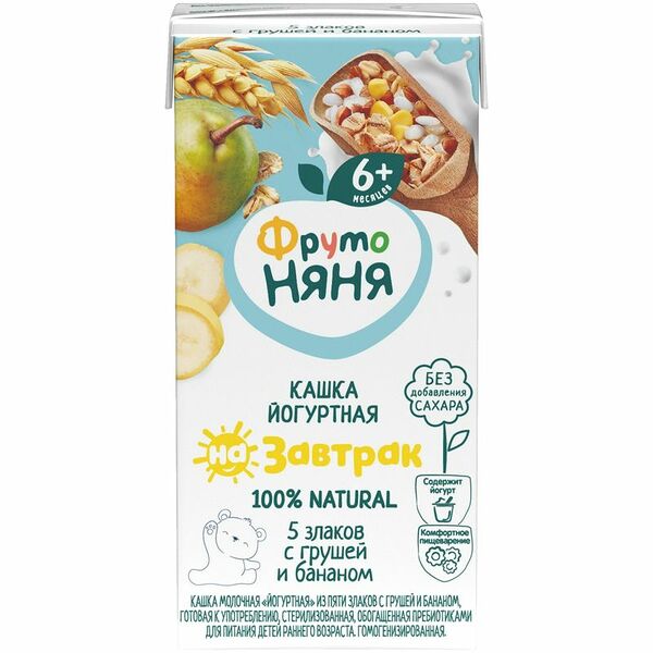 Каша ФрутоНяня молочная йогуртная 5 злаков с грушей и бананом с 6 месяцев, 200мл