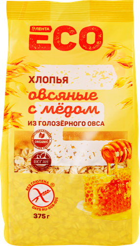 

Хлопья овсяные безглютеновые ЛЕНТА ECO с медом, из голозерного овса