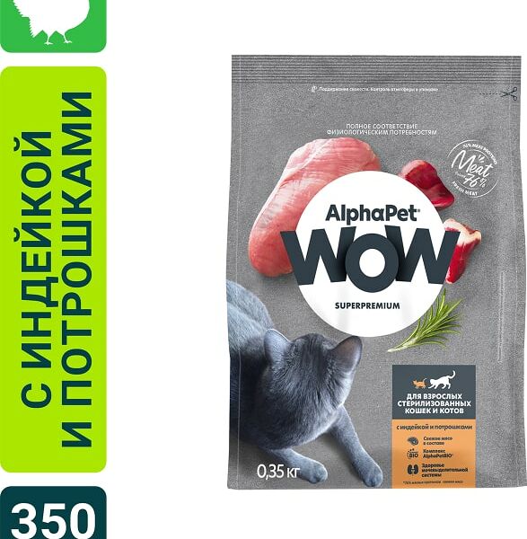 Сухой корм для стерилизованных котов и кошек AlphaPet Wow SuperPremium с индейкой и потрошками 350г